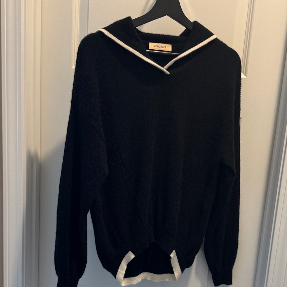 Black V-Neck Sweater with White Trim